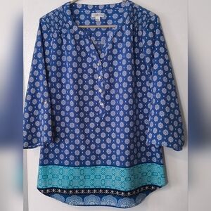 Croft & Barrow Women’s Blue Printed ¾ Sleeve Boho Style Blouse Top - Size Large